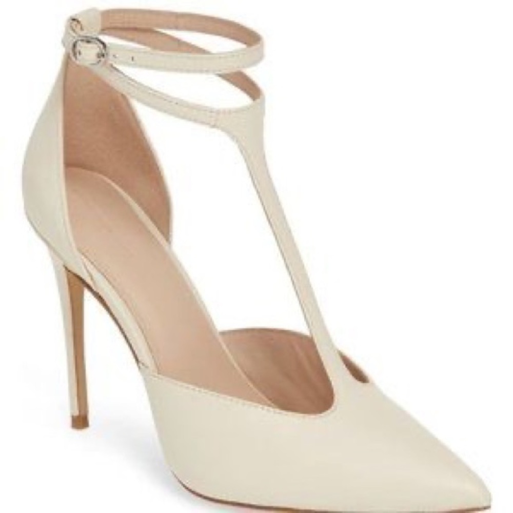 SOMETHING NAVY T STRAP CREAM ANKLE WRAP STRAP HEEL SIZE 9